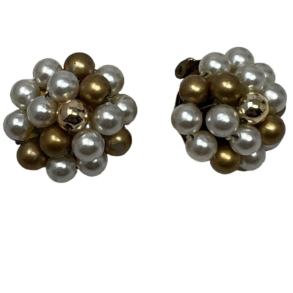 Vintage Clip On Earrings Cluster Gold and Faux Pearl Statement Made in‎ Japan